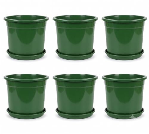 Image of 12 Inch Glossy Forest Green Plastic Planter with Bottom Plate | Heavy Duty Flower Pot with Tray for Indoor Home Decor, Balcony, Living Room & Outdoor Garden (6 Pot, Forest Green)