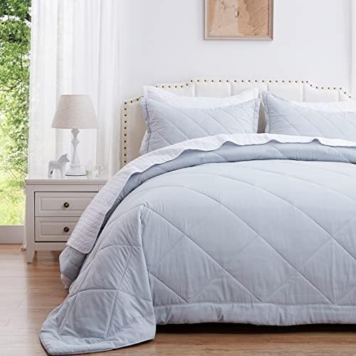 SunStyle Home Queen/Full Quilt Set Lightweight Light Grey Comforter Set Diamond Pattern All Season 3 Pieces (1 Quilt, 2 Pillow Shams)