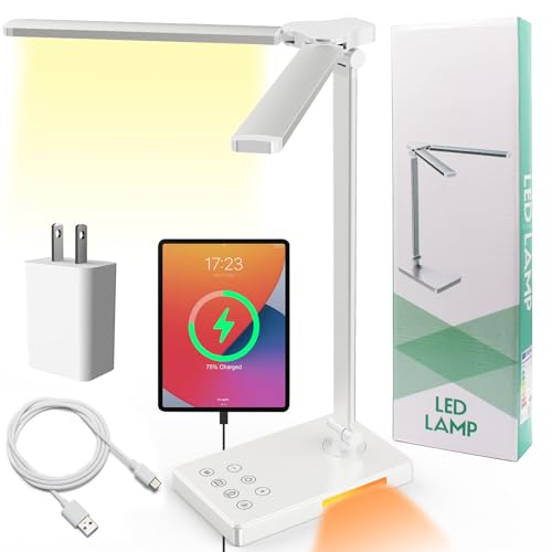 デスクライト led 勉強机 明るい 550lm 幅広 調色5段階 無段階調光 間接照明 ACアダプター付き 電気スタンド led スタンドライト 卓上 アーム調整可能 卓上ライト 読書灯 寝室 読書 勉強 仕事 学習机ライト (ホワイト)
