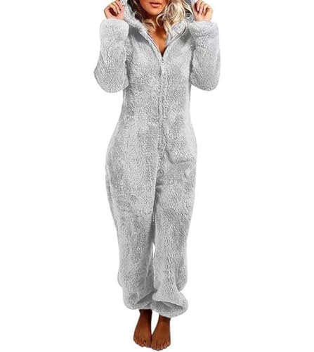 MUMUBREAL Womens Fleece Onesies Pajamas Jumpsuit Warm Sherpa Romper Sleepwear One Piece Zipper Hooded Playsuit Loungewear(Grey,M)