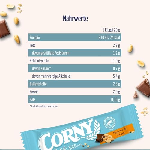Müsliriegel Corny free Erdnuss-Schoko, ohne Zuckerzusatz, 74 kcal pro Riegel, 60x20g