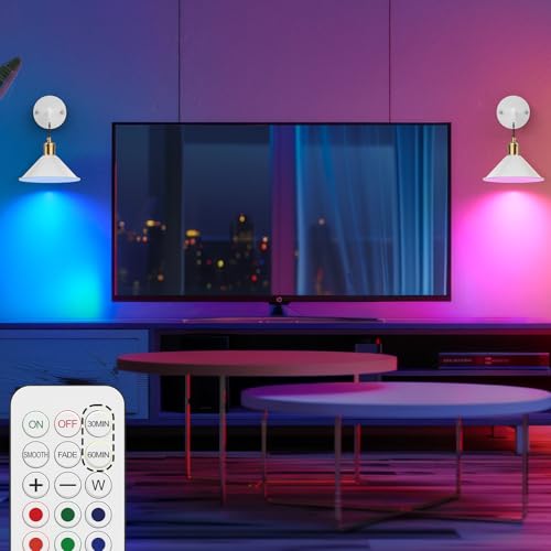 Image of Wireless Wall Lights with 13 RGB Colors, Dimmable Battery Powered Wall Lamps, Remote Control, Memory Function, Timer for Bedroom, Living Room, 2Pack, White, WS-01