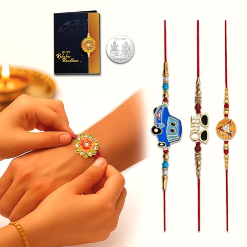 Image of Periept Golden Rakhi Thread Bracelets for Brother - Traditional Indian Festival Bands for Raksha Bandhan, Handmade Ethnic Rakhi Combo with Decorative Packaging