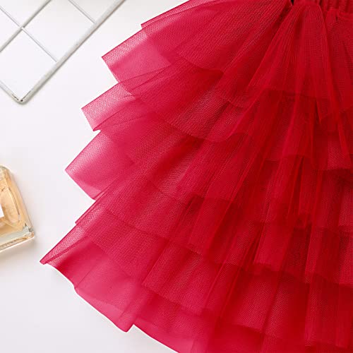 Idopip Girls Tutu Skirt Kids Toddler Girl 7 Layered Ruffle Tulle Skirt Skorts Little Princess Birthday Party Tutus Boho Dresses, Girl Ballet Dance Skirt Red Solid (Without Diaper) 5-6 Years #TOP4
