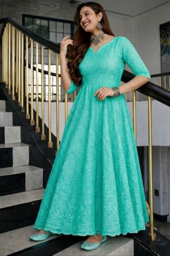 Image of LookMark Women's Chikankari Embroidered Ethnic Gown, Ankle Length Flared Dress, 3 /4 Sleeves, Traditional Indian Wear