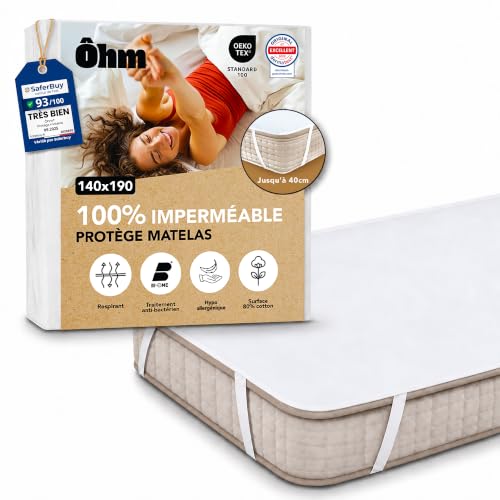 Protège Matelas 140x190 cm | Alèse Imperméable en Coton | 4 Coins Elastiques | Absorbant et Anti-acariens | Compatible Jusqu'à 40 cm | Silencieux et Hypoallergénique | Certifié Oeko-TEX | Ôhm