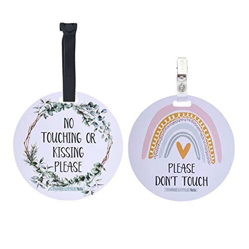 (Three Little Tots) No Touching Baby Car Seat and Stroller Two Pack- Baby Safety No Touching Car Seat Sign, Stroller Sign, Newborn Car Seat Tag- CPSIA Safety Tested (Eucalyptus/Rainbow)