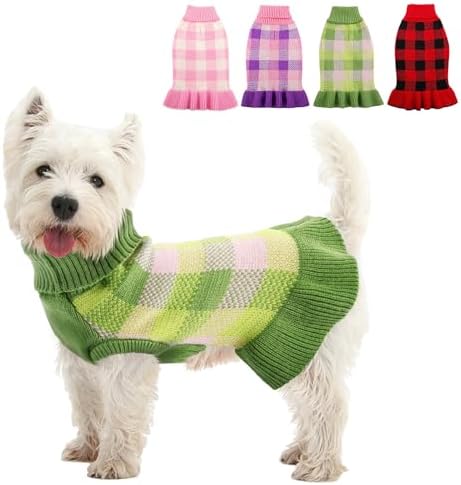 Dog Sweater Dress Plaid Knitwear for Small Medium Dogs Warm Puppy Pet Turtleneck Stretch Pullover Cute Fall Winter Vest Clothes with Leash Hole for Christmas (Green, XL)