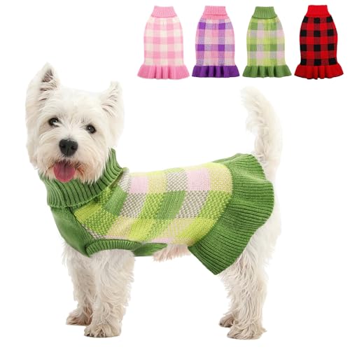 Dog Sweater Dress Plaid Knitwear for Small Medium Dogs Warm Puppy Pet Turtleneck Stretch Pullover Cute Fall Winter Vest Clothes with Leash Hole for Christmas (Green, 2XS)