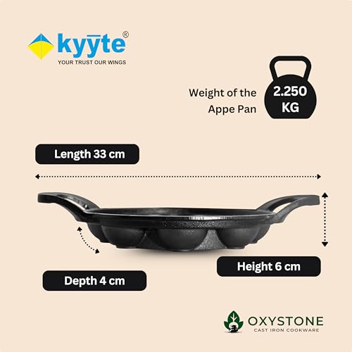 Image of kyyte OxyStone Pre-Seasoned Cast Iron Appe Pan Round 9 Cavities,Paniyaram,Muffin,Appam,Gunta Ponganalu,Paddu Pan Naturally Nonstick Cast Iron,100% Pure,No Chemical Coating,Gas,Induction,OTG Friendly.