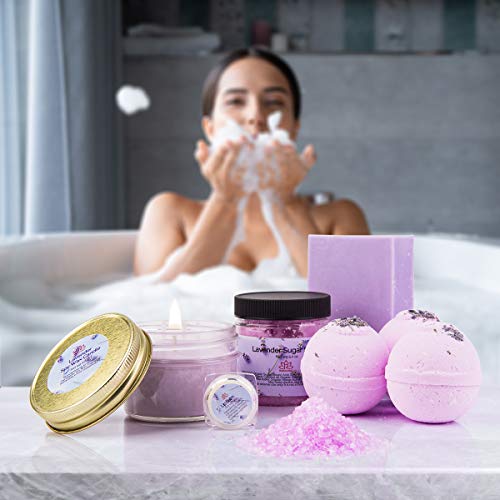 Spa Gift Baskets For Women Organic Lavender, Bath And Body At Home, Spa Kit, Soy Wax Candle, Natural Oil Bath Salt, 3 Bath Bombs, Soap Bar, Body Sugar Scrub, For Mom, Girls #TOP5