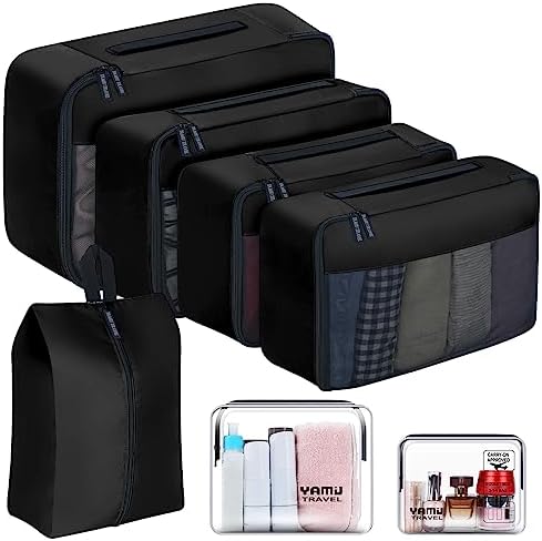 YAMIU Packing Cubes, 7 Pieces of Extra-large Capacity Suitcase Organizer Set with TSA Approved Toiletry Bag, Extra-large Clear Toiletry Bag, and Waterproof Shoe Bag for Travel Essentials Travel Accessories (Black)