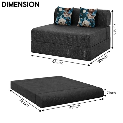 Image of Foldable Two Seater Sofa Bed 4 X 6 Ft Jute Fabric Washable Cover Sofa Cum Bed with Cushions Convertible Sofa Bed for Home (Black Color - Pre-Assembled)