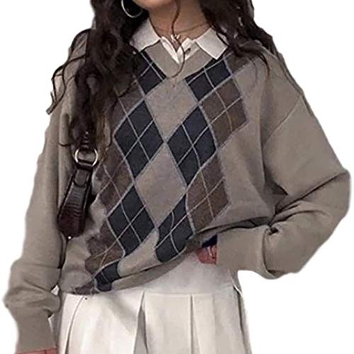 SMIMGO Argyle - Suéter de punto a cuadros Y2k de gran tamaño, estilo vintage, color marrón, cuello en V, ropa estética de punto para mujer (Color: café, talla: S) Cover