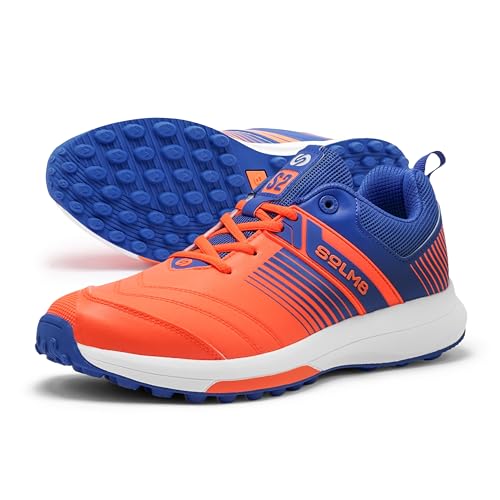 SOLM8 S2 Cricket Shoes Men Boys Junior Players - Advanced Grip Rubber Spikes for Turf/Grass, Ultralight Cushioning in Bright Colors (2025 Edition) - Orange Blue