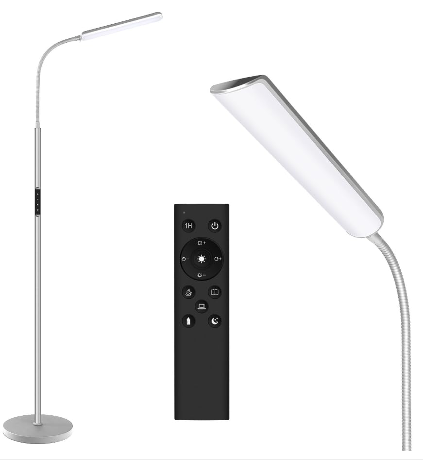Dimunt LED Floor Lamp, Bright 15W Floor Lamps for Living Room with 1H Timer, Stepless Adjustable 3000K-6000K Colors & Brightness Standing Lamp with Remote & Touch Control Reading Floor Lamps-Silver