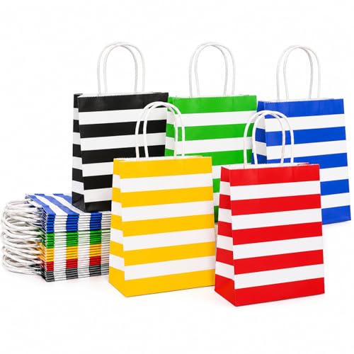 Image of Aakriti Striped Paper Gift Bags | Medium Size 10 x 4 x 12 Inches Gift Bags with Handles for Birthday Return Gifts, Party Favors & Shopping Mix Color Blue, Red, Yellow, Green & Black Pack of 25