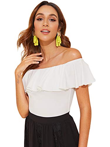 WDIRARA Women's Stretchy Off Shoulder Flounce Sleeve Sexy Slim Blouse Tops Shirt3