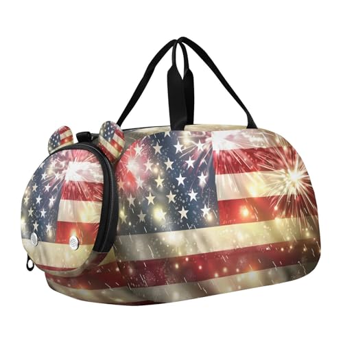 Duffle Bag for Boys or Girls with Shoes Compartment, American Flag Fireworks Sports Travel Bag Overnight