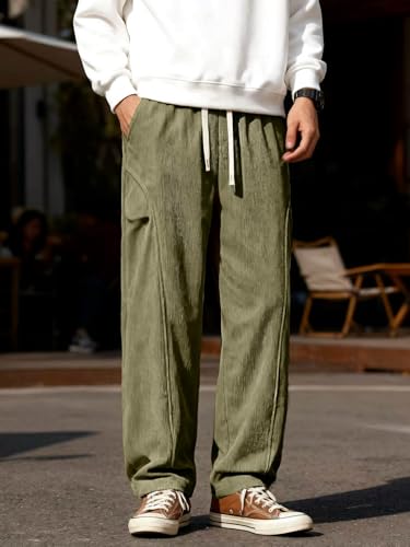 Elegant Seal Men's Corduroy Wide Leg Fashion Casual Pants Loose Fit Baggy Straight Sweatpants Elastic Waist Drawstring Army Green — view 6