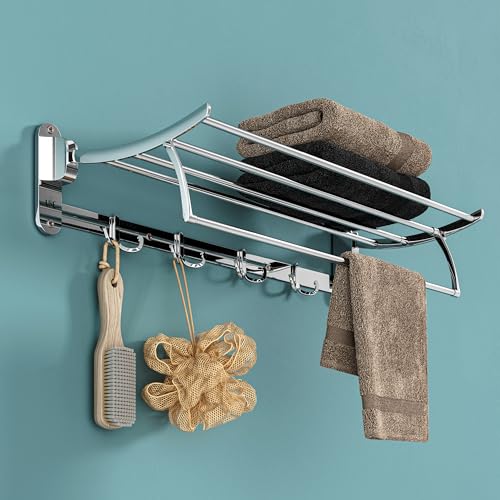 USF 24 Inch Stainless Steel Towel Rack | Foldable Wall Mounted Towel Holder with Hook | Chrome...