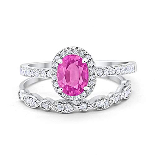 Blue Apple Co. Halo 2-Piece Art Deco Wedding Engagement Bridal Set Ring Band Oval Round Simulated Pink Cubic Zirconia 925 Sterling Silver Size-11