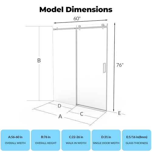 Image of GarveeTech 56 inch - 60 inch W x 76 inch H Frameless Sliding Shower Door with Handle, 5 /16 inch (8mm) Clear Explosion-Proof Tempered Glass, Waterproof Seal Strip, Brushed Nickel Finish