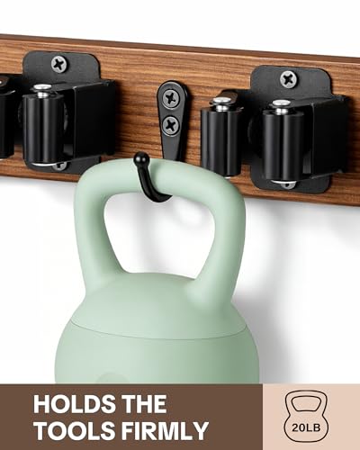Lorbro 2 Pack Broom Holder Wall Mount, Wooden Rack with 4 Slot & 4 Hook