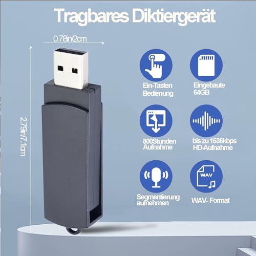 64GB USB Diktiergerät Digital, Voice Recorder mit Spracherkennung und One-Touch-Aufnahme, Aufnahmegerät Audio Professionell für Vorträge Meeting Interview Vorlesung (Black)