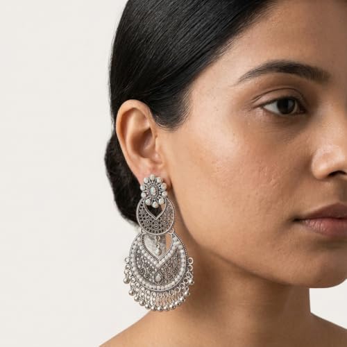 Image of Traditional Chandbali Earrings, Antique Gold and Oxidised Silver, Floral Stud, Pearl Drops, Ethnic Indian Jewellery