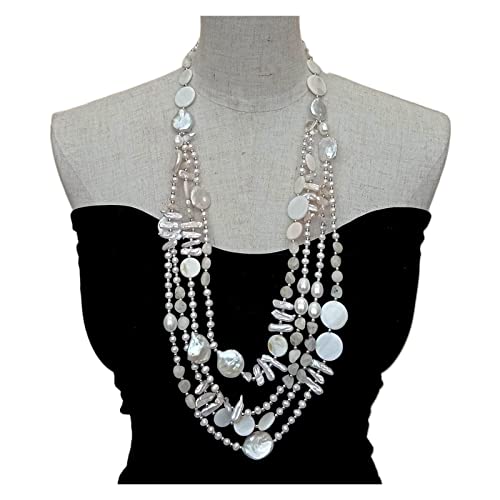 Oitto Necklace 4 Strands Natural Multi Shape Freshwater Pearl White Coin Shell Moonstone Free Form Shell Statement Necklace 28Inch #TOP11