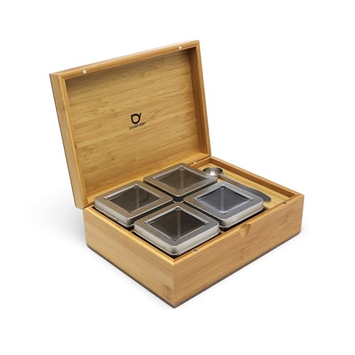 kleine rechteckige Holz Teebeutelbox 14.5 x 18 cm inkl. 4 Teedosen & Teemaßlöffel - zur Aufbewahrung von losem Tee