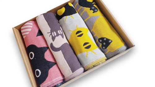 SEOULIAN 4-Pack Cat Tea Towels - Charming Kitchen Towels, 100% Cotton, Pink and Yellow, Machine Washable, Vibrant Colors, Attached Loop, for Cat Lovers, Home Decor, and Housewarming