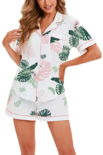 Image of LUBOT 100% Cotton Pajamas for Women 2 Piece PJ Set Button-Down Soft Knit Short Sleeve Summer Sleepwear Loungewear XS-XXL