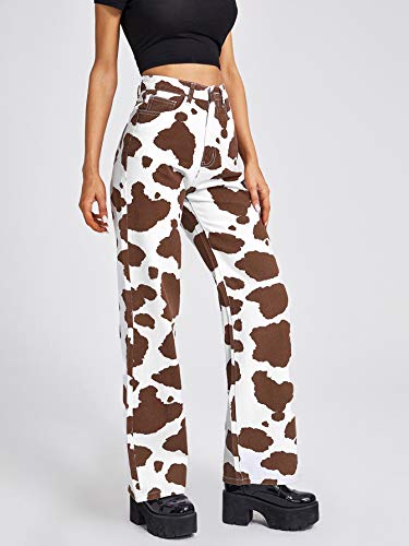 Wdirara Women's Cow Print High Waist Wide Leg Jeans Casual Long Denim Pants Brown And Black M #TOP2
