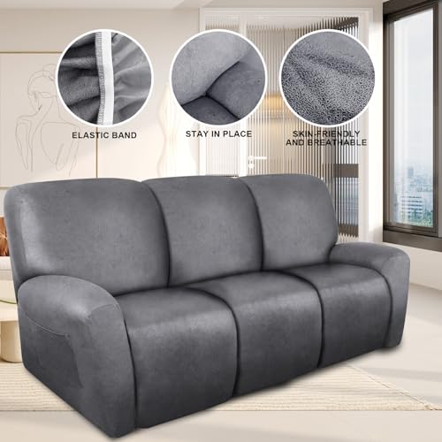 Image of ANARACHON Recliner Couch Cover Leather Look Recliner Sofa Covers for 3 Cushion Reclining Sofa Slipcovers 8-Pieces Furniture Protector Spandex Fabric Washable (3 Seater, 01 Light Grey)