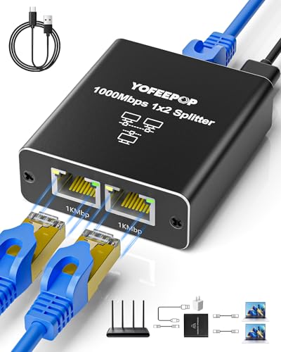 Gigabit Ethernet Splitter 1 to 2, LAN Cable Splitters High Speed 1000Mbps RJ45 Ethernet Switch with USB C Power Cable for Cat5/5e/6/7/8 Cable