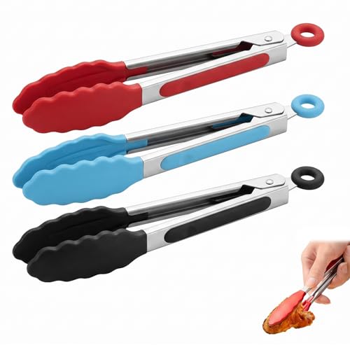 ITCGOB Set di 3 Pinze da Cucina in Acciaio Inox, Pinza Cucina 18cm (7 Pollici) per Barbecue, Friggitrice ad Aria e Insalata, Pinze Professionali con Impugnatura in Silicone, Nero Rosso Azzurro
