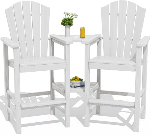 KINGYES Embossed Balcony Chair Tall Adirondack Chair Set of 2 All Weather HDPE Bar Height Adirondack Chair with Double Connecting Trays Outdoor Adirondack Barstools High Airondack Chair White