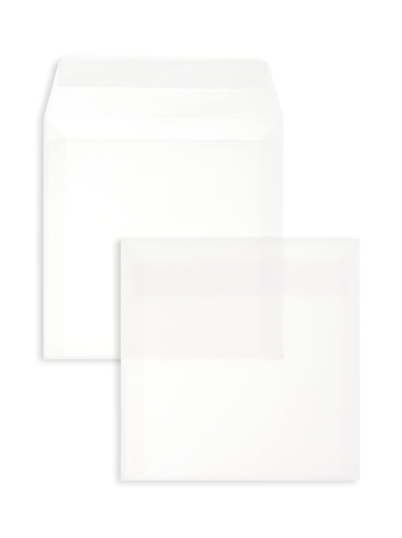 250 Stück, Transparente Briefumschläge, 220 x 220 mm, Haftklebung mit Abziehstreifen, Gerade Klappe, 110 g/qm Offset, Ohne Fenster, Weiß (Transparent-Weiß), Blanke Briefhüllen