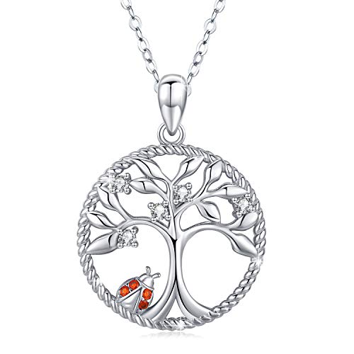 Tree of Life Necklace Ladybug Jewelry 925 Sterling Silver Family Tree of Life Ladybug Necklace Pendant for Women Daughter Birthday Christmas Gifts