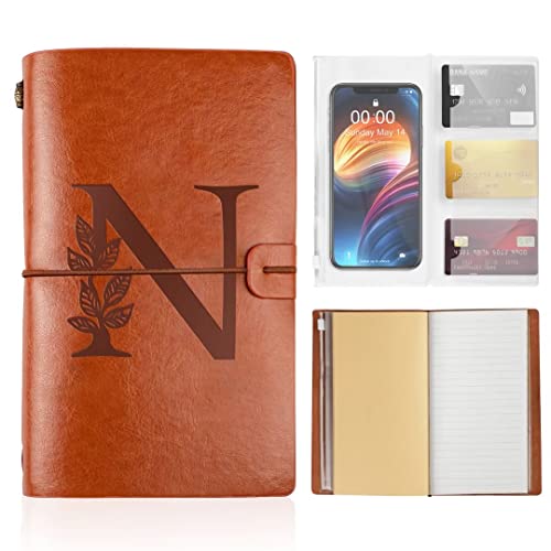 Aunool Personalized Journal Notebook Initial Leather Writing Journal Monogrammed Gifts For Son Grandson Refillable Daily Planner Embossed Travel Journal Diary With Blank Pages Card Slots 4.7 X 7.9 Inches, 68 Sheets/136 Pages N #TOP12