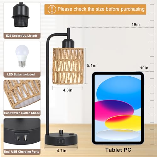 Stepeak Boho Rattan Table Lamps Set with USB Ports and LED Bulbs - Image 6