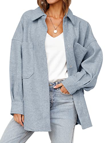 Merokeety Womens Oversized Button Lapel Flannel Shacket Coats Wool Blend Jackets With Pockets, Grayblue, M #TOP30