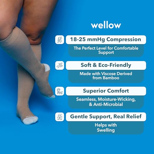 Image of Wide Calf Compression Socks for Men & Women, 18-25 mmHg Made with Viscose from Bamboo, Nurses & Pregnancy Support, Relieves Swelling, Knee High, L, Sesame