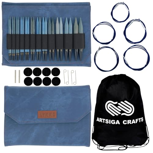 Lykke Indigo 5 in. Complete Set US 4, 5, 6, 7, 8, 9, 10, 10.5, 11, 13, 15, 17 Interchangeable Circ. Knitting Needles for DK, Worsted, Super Chunky Yarn, Birch, 5 Cords, Azure DM Case, Project Bag