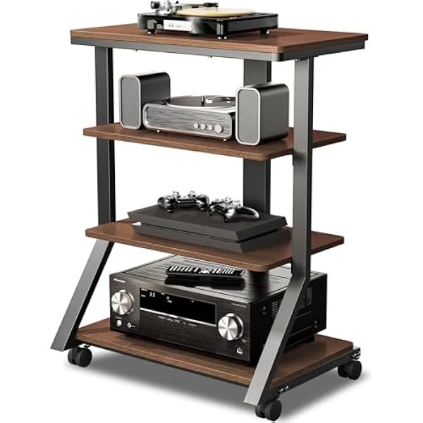 5Rcom Stojaki i stojaki HiFi stojak na audio, regał AV, stojak, 4 poziomy, drewniane półki na gramofon, odtwarzacz płyt DVD, jednostka rozrywkowa, wielofunkcyjna regulacja wysokości, nośność 54 kg