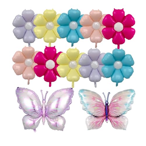FUFUJIA 14 Pcs Colourful Daisy Flower Balloons and 2 Pcs Butterfly Balloons for Daisy Birthday Decorations, Baby Shower, Wedding Mother’s Day Decorate