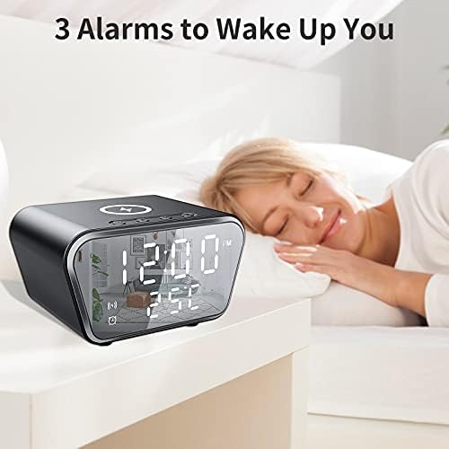 Alarm Clock with Wireless Charging - Alarm Clocks Bedside Mains Powered, 3 Alarms,4 Brightness,LED Display with Time/Temperature/Date, Digital Alarm Clock Compatible with Qi-Enabled Phone (No Adapter)