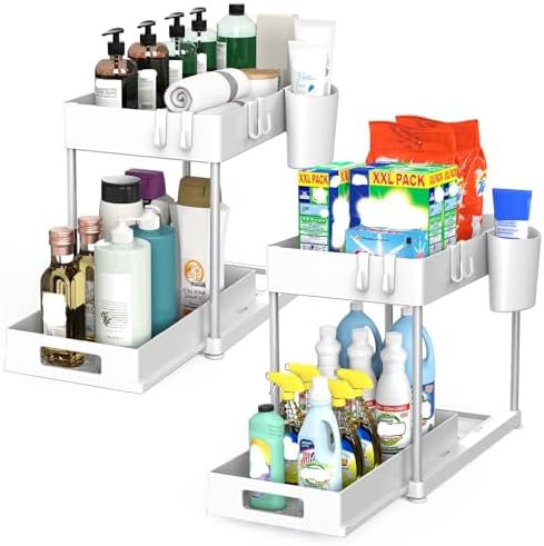 Under Sink Organizers and Storage, 2 Pack Large Capacity Heavy Load Pull-out Under Sink Shelves with Sliding Drawer for Kitchen and Bathroom, White